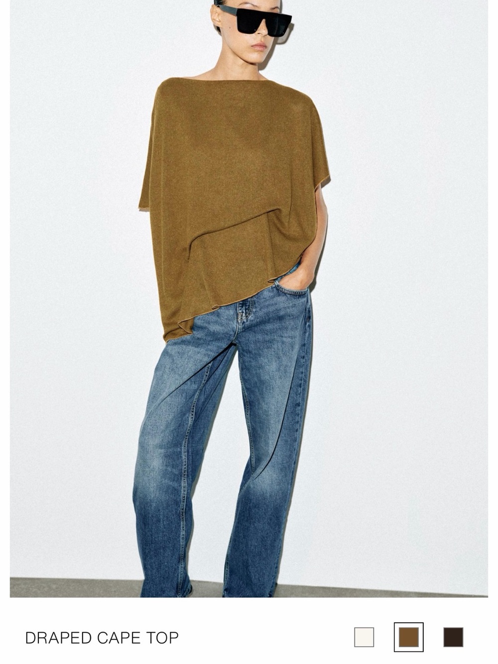 Zara Olive Draped Cape Crewneck Sweater